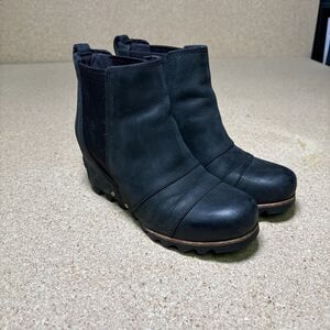 Sorel Lea Wedge Chelsea Boot Black Quarry Leather Womens 6 Pull On Stretch